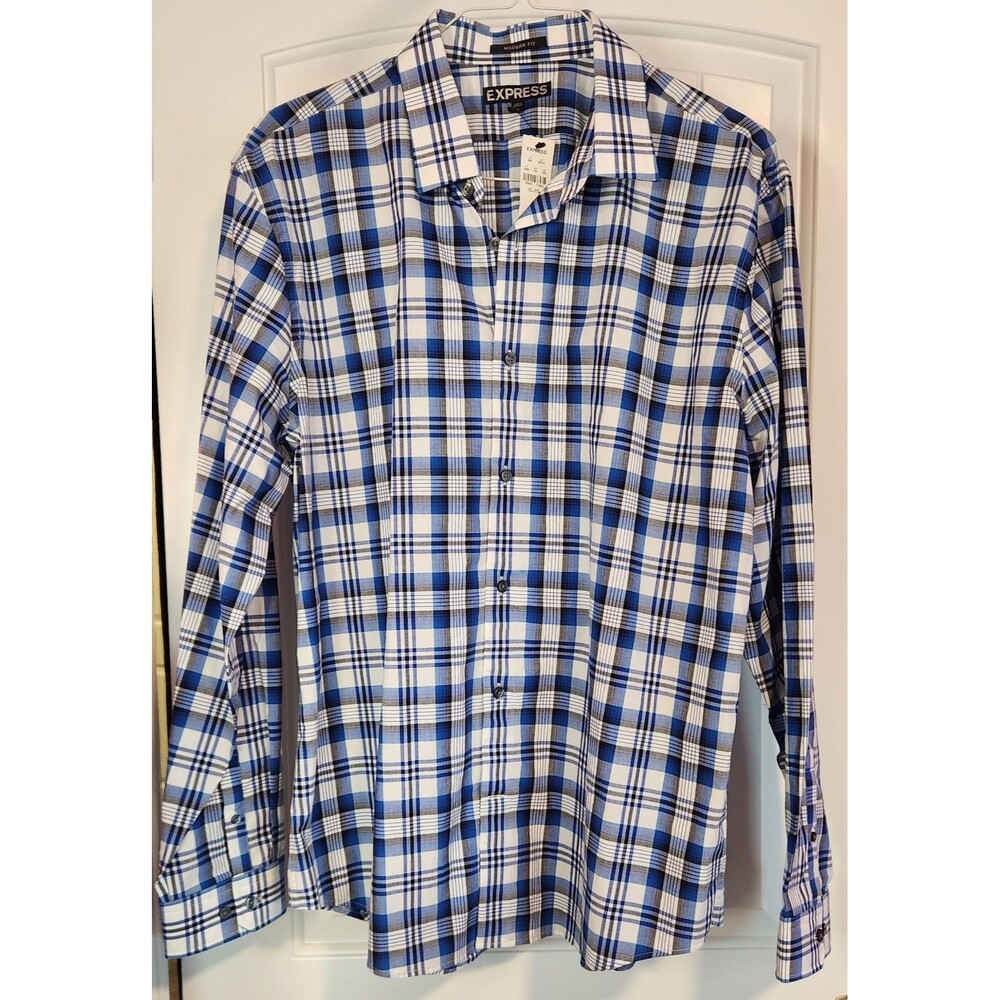 Express Men's XL Modern Fit Button Down Blue Plaid Dress Shirt 100% Cotton